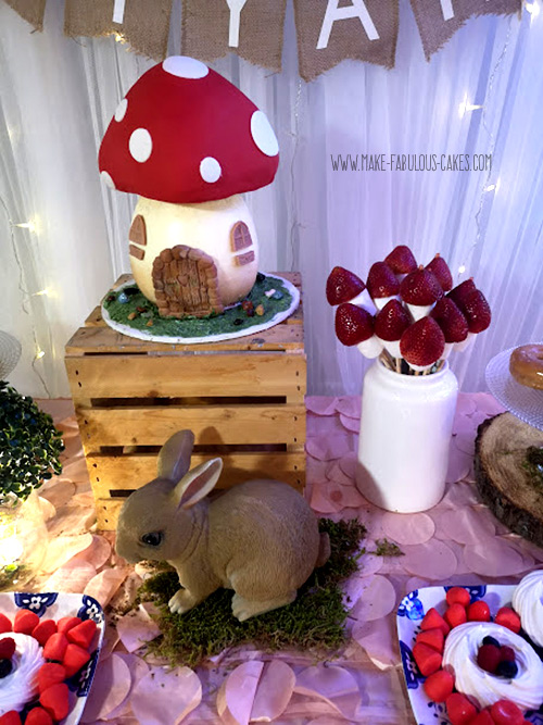 mushroom birthday cake on dessert table